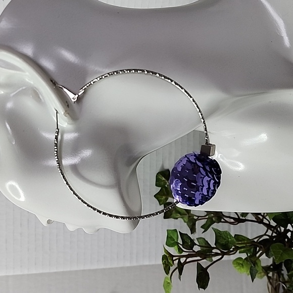 Large Silver Statement Hoop Earrings with Lavender Purple Sequin Disco Ball… - Picture 6 of 7